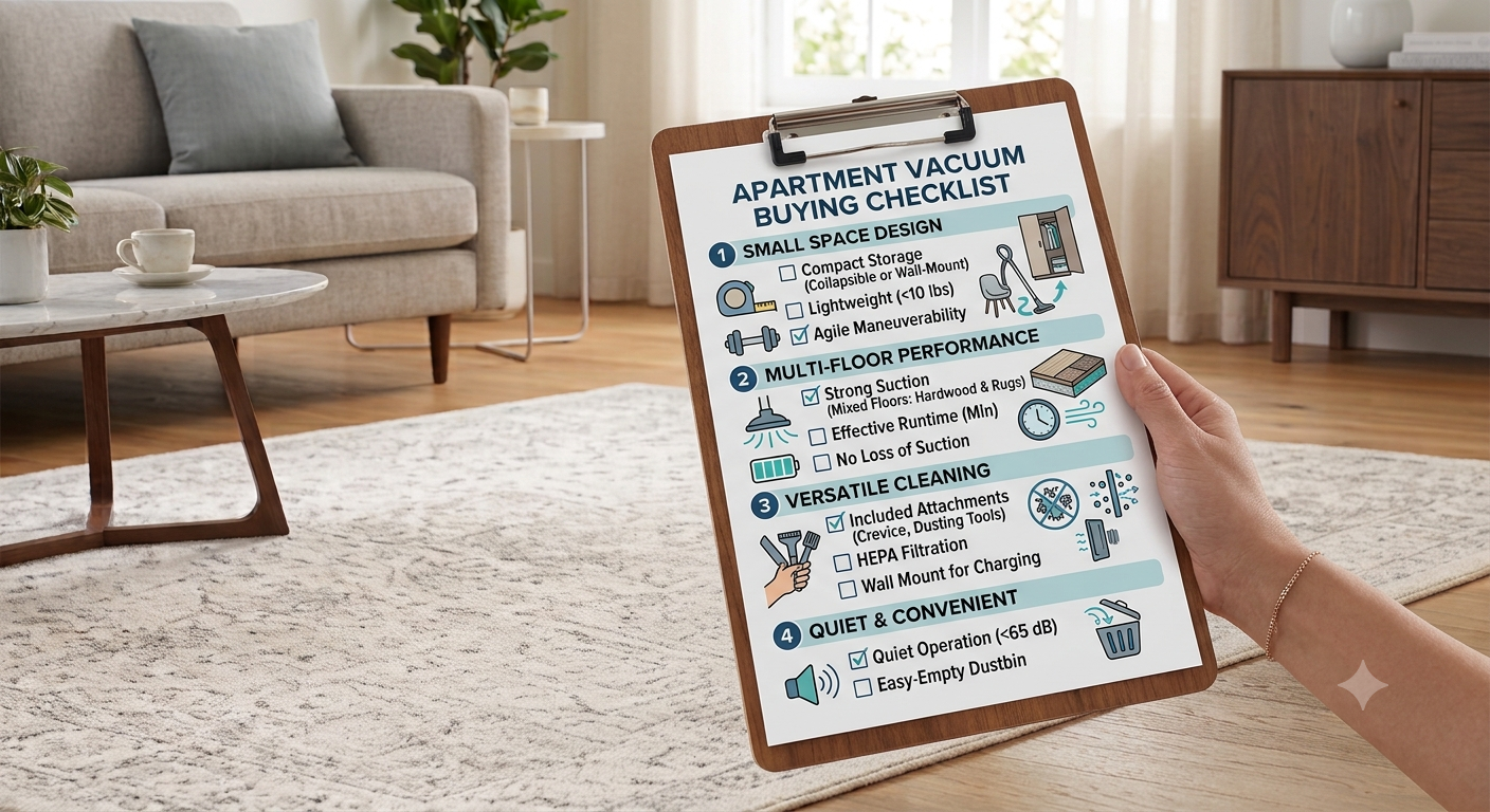 Infographic illustrating key features to check |when buying an apartment vacuum cleaner
