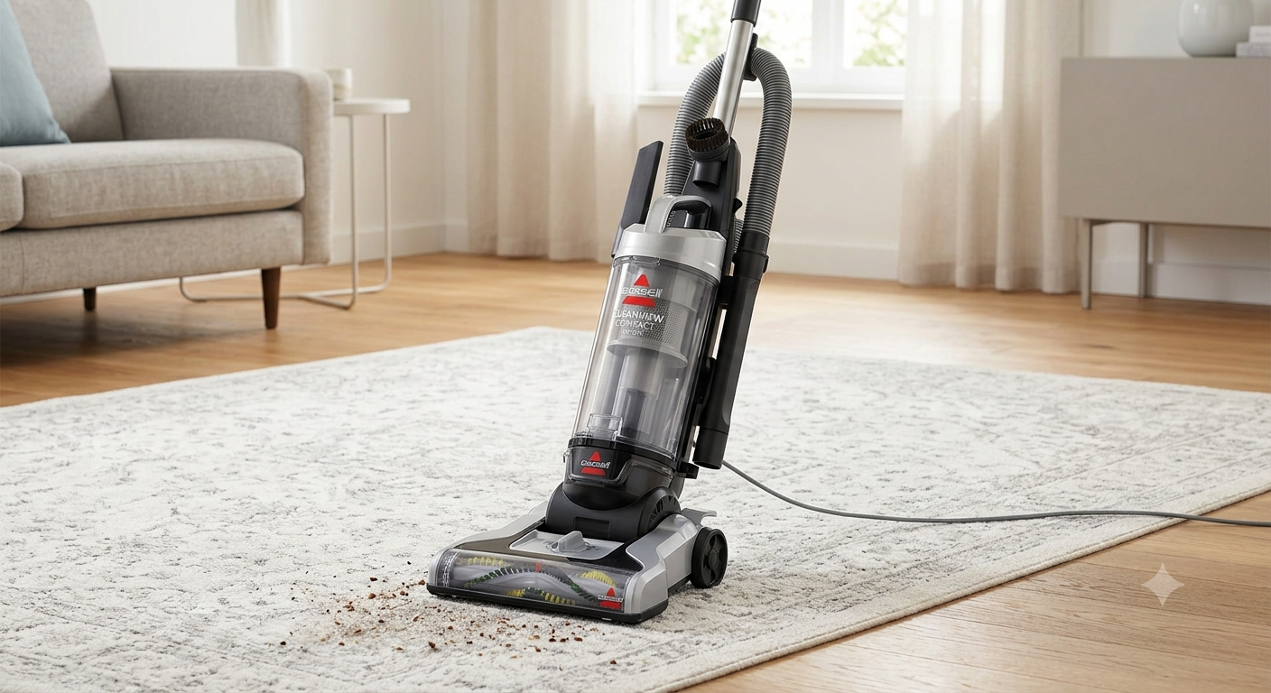 Bissell CleanView Compact upright vacuum standing in a narrow apartment closet