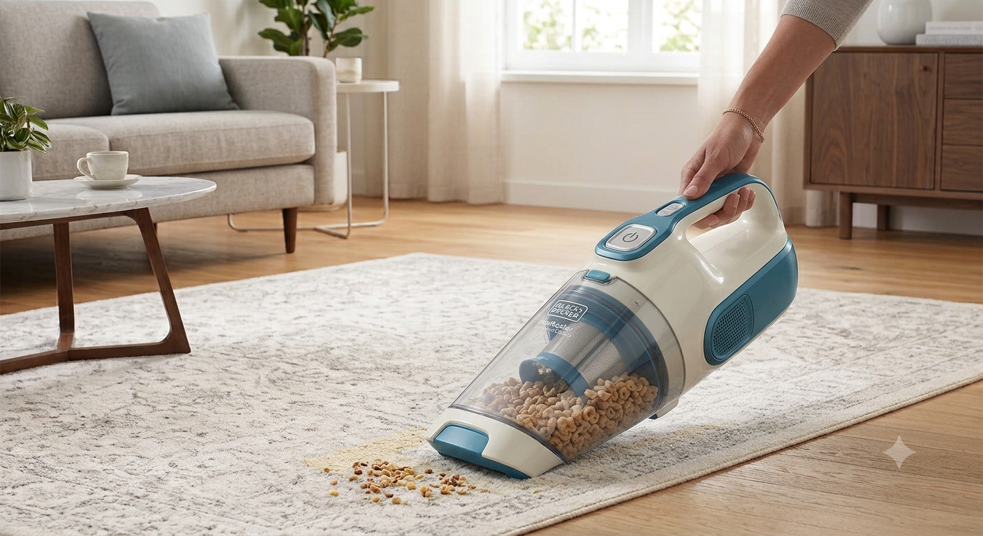 Black+Decker Dustbuster handheld vacuum cleaning kitchen crumbs on an apartment countertop