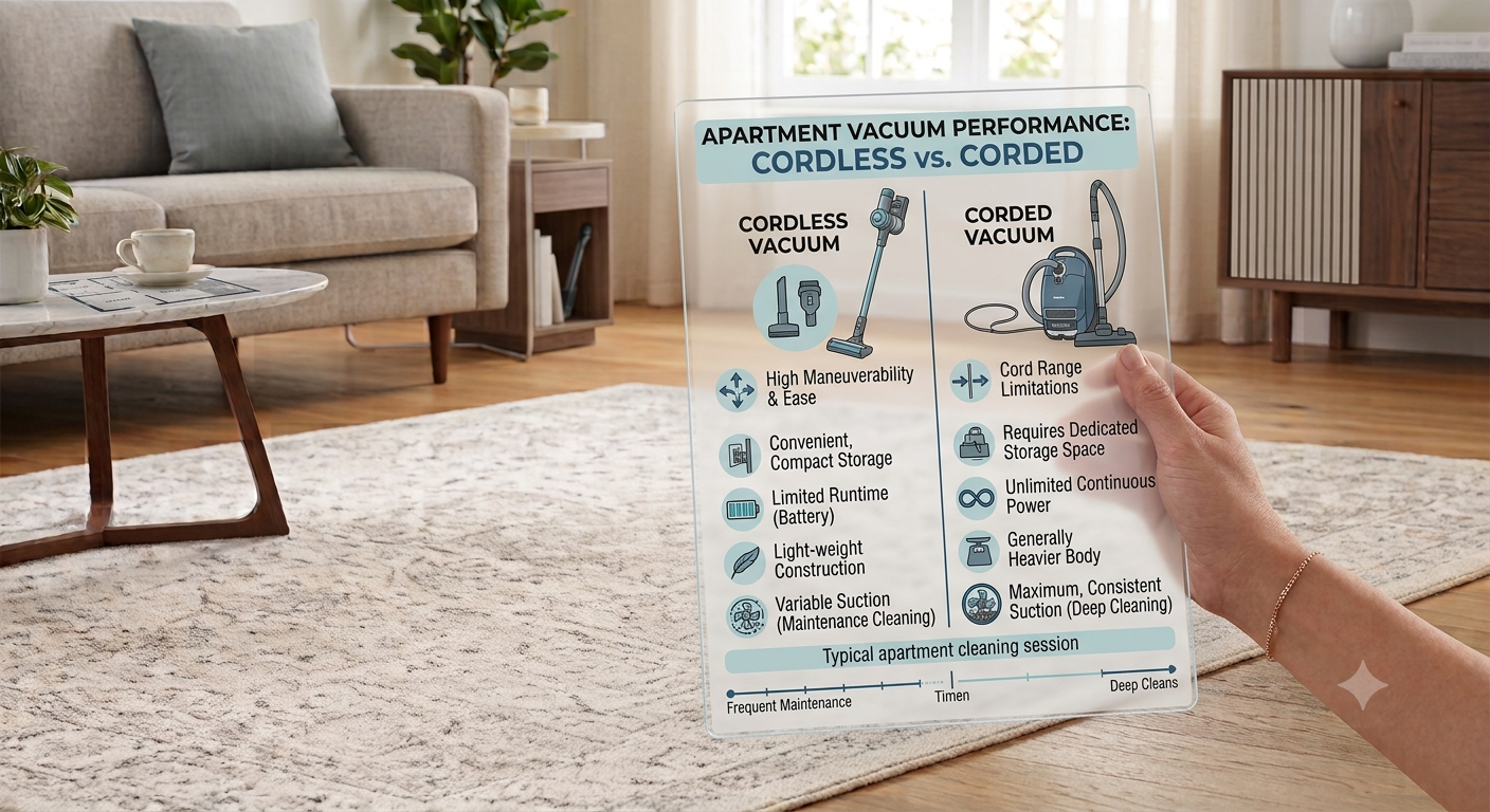 Comparison diagram of a cordless stick vacuum versus a corded canister vacuum in an apartment setting