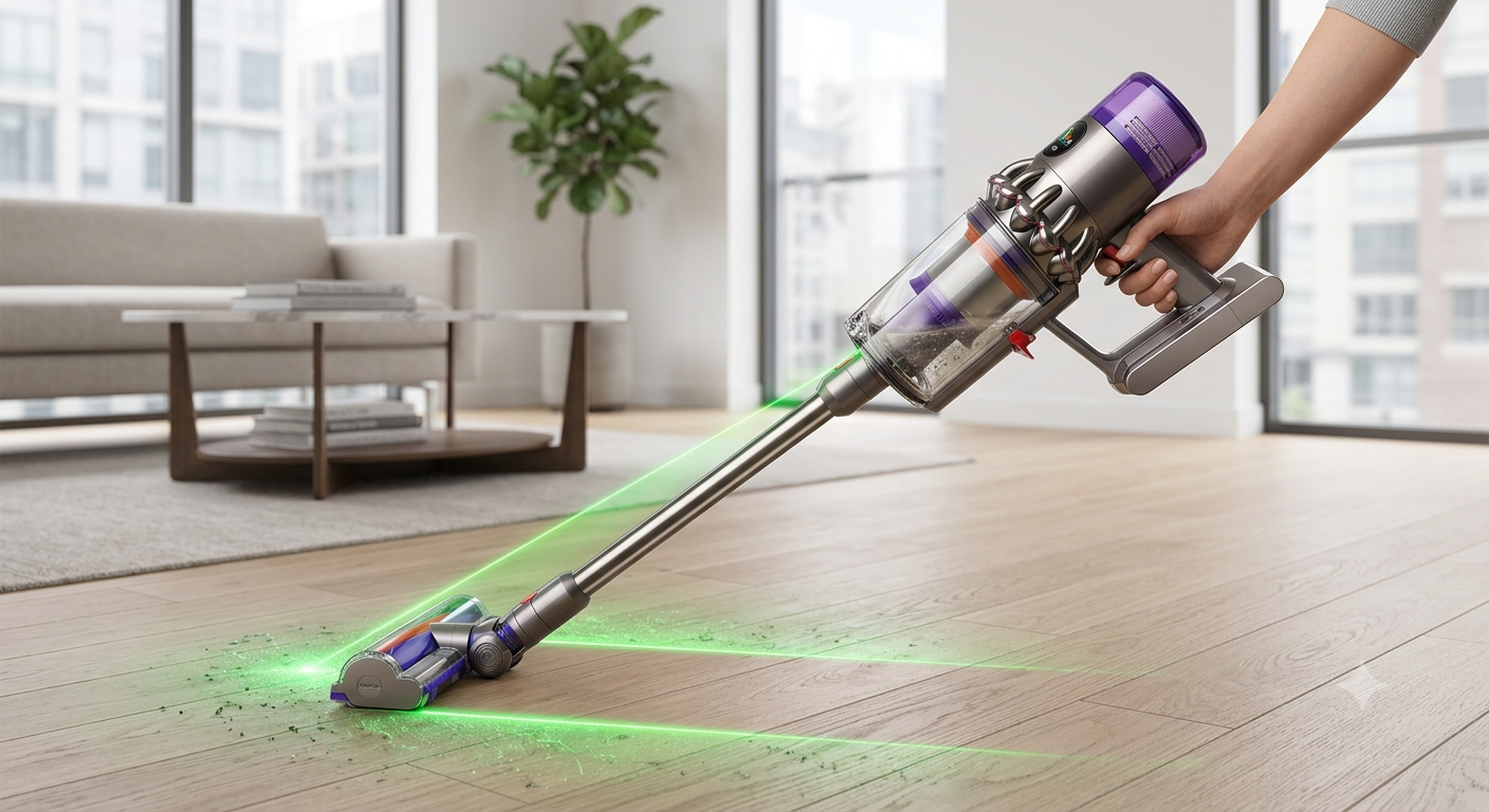 Dyson V12 Detect Slim cordless stick vacuum cleaning hardwood floors in a modern small apartment