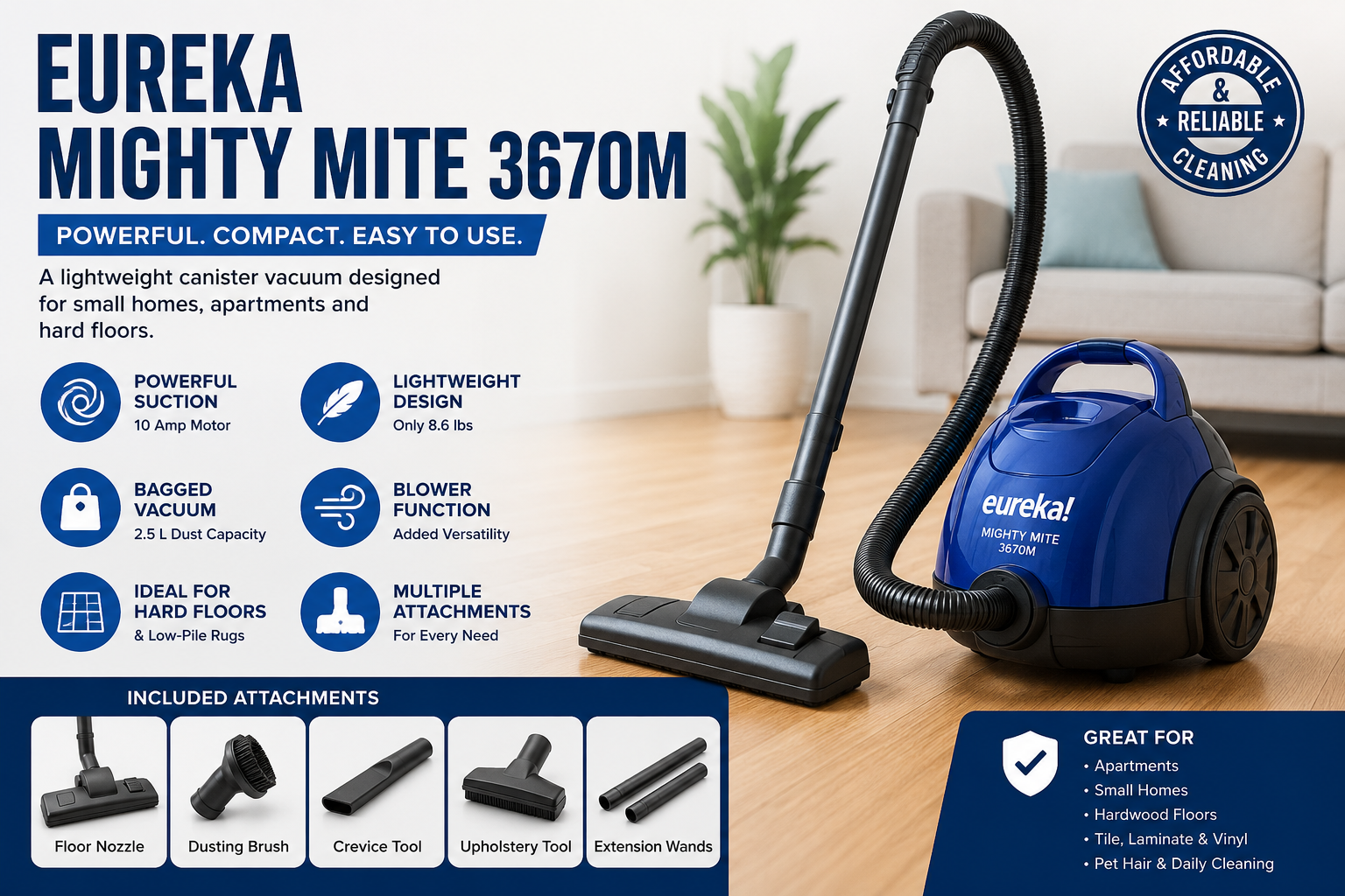 Eureka Mighty Mite compact canister vacuum | | cleaning hard wood floors in a minimalist hallway