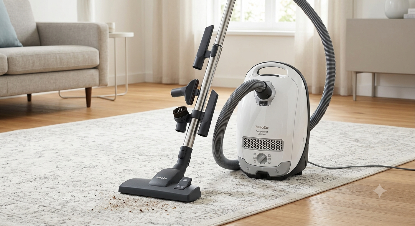 Miele Complete C1 Compact canister vacuum sitting quietly on a polished hardwood floor