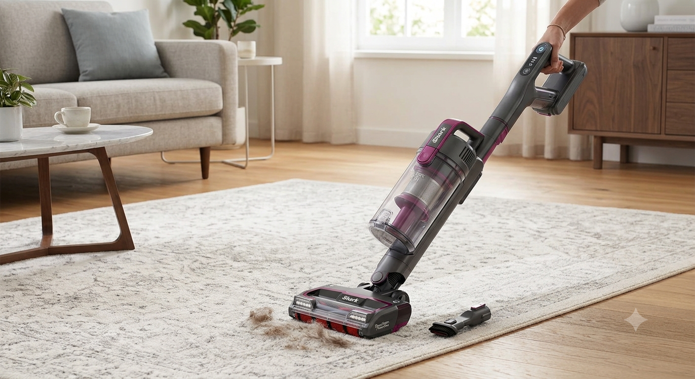 Shark IX141 Pet Cordless stick vacuum mounted on a wall in a compact laundry area