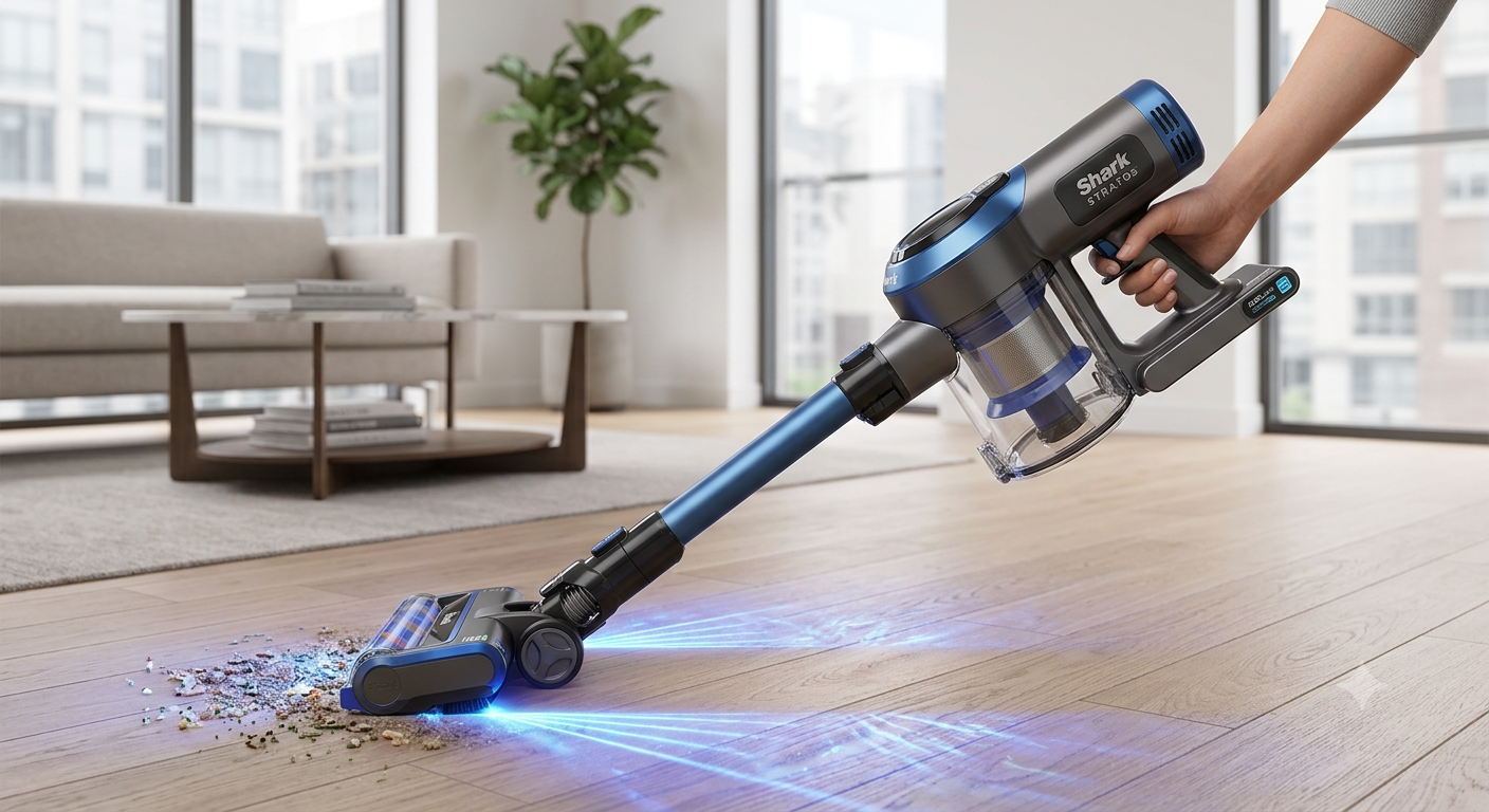 Shark Stratos Cordless stick vacuum picking up pet hair on an area rug in a compact living room