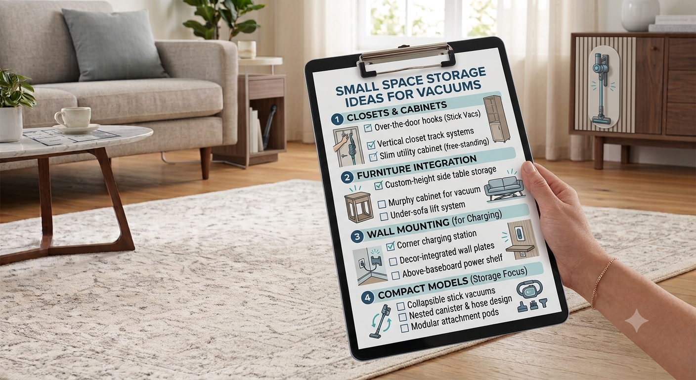 Wall-mounted stick vacuum organized inside a slim coat closet with attachments on wall pegs