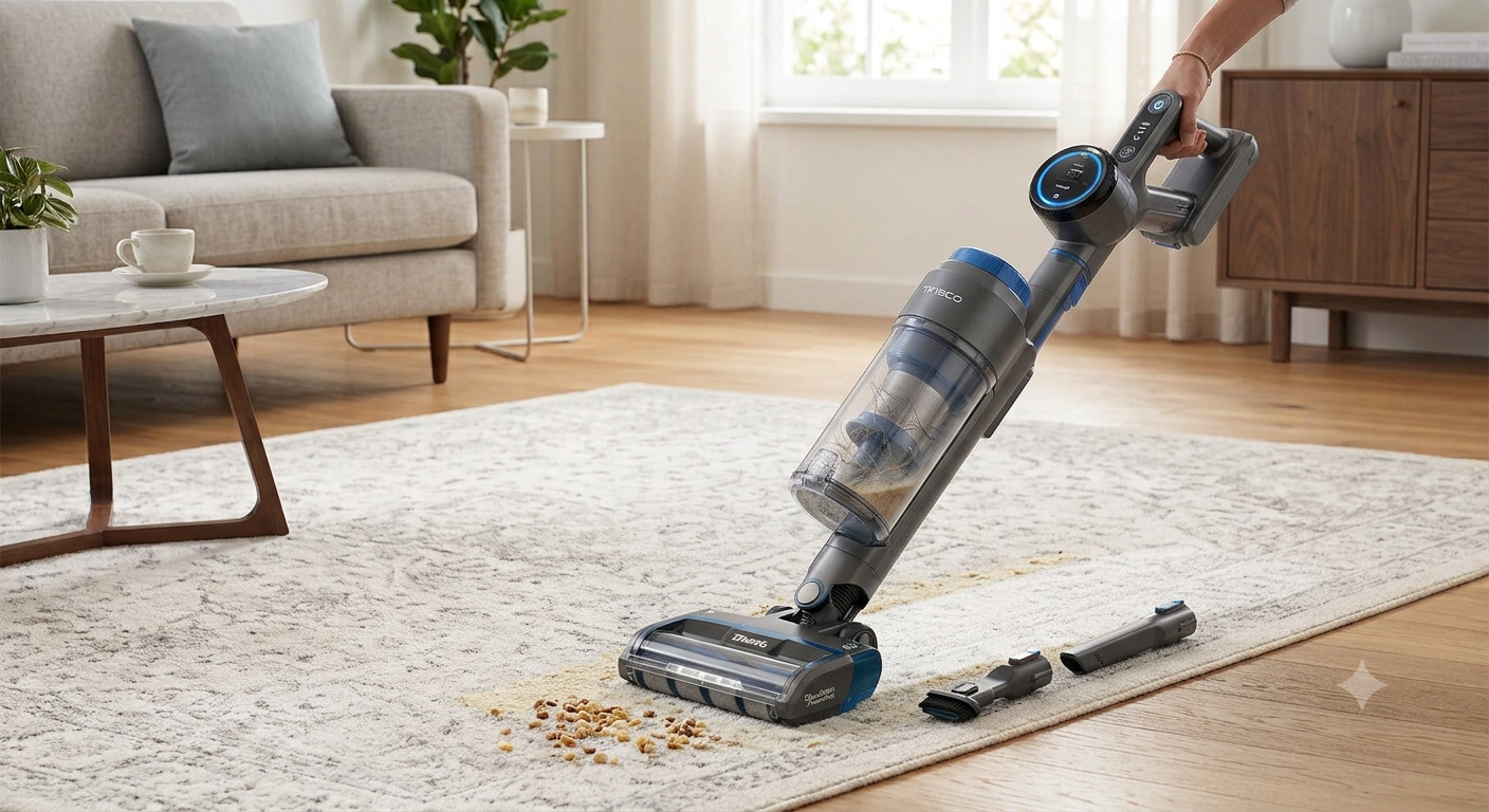 Tineco Pure ONE S11 smart stick vacuum resting against its wall-mounted charging station